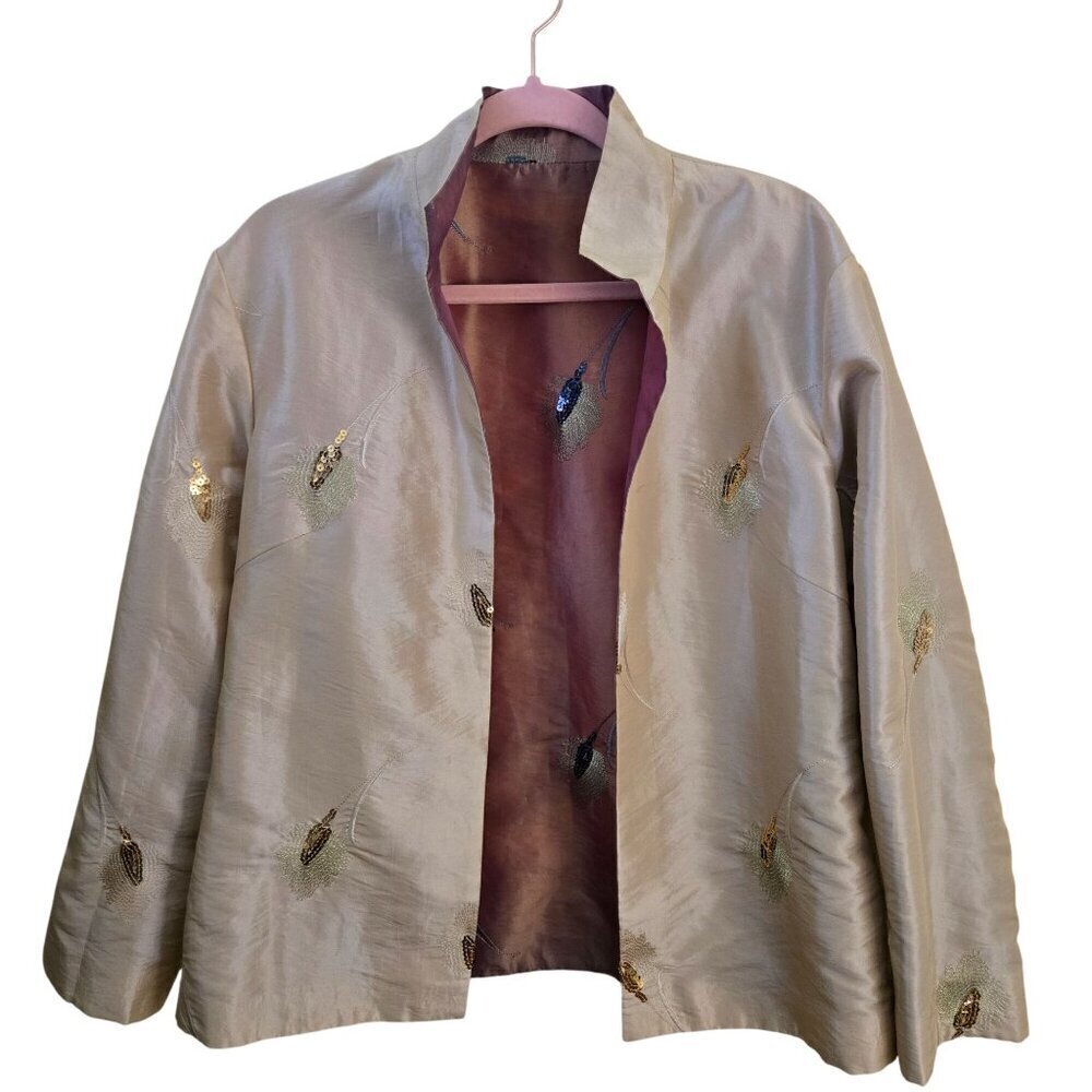 Stunning Unique Beige Sequined Embroidered Asian Inspired Kimono Size M - Picture 2 of 6